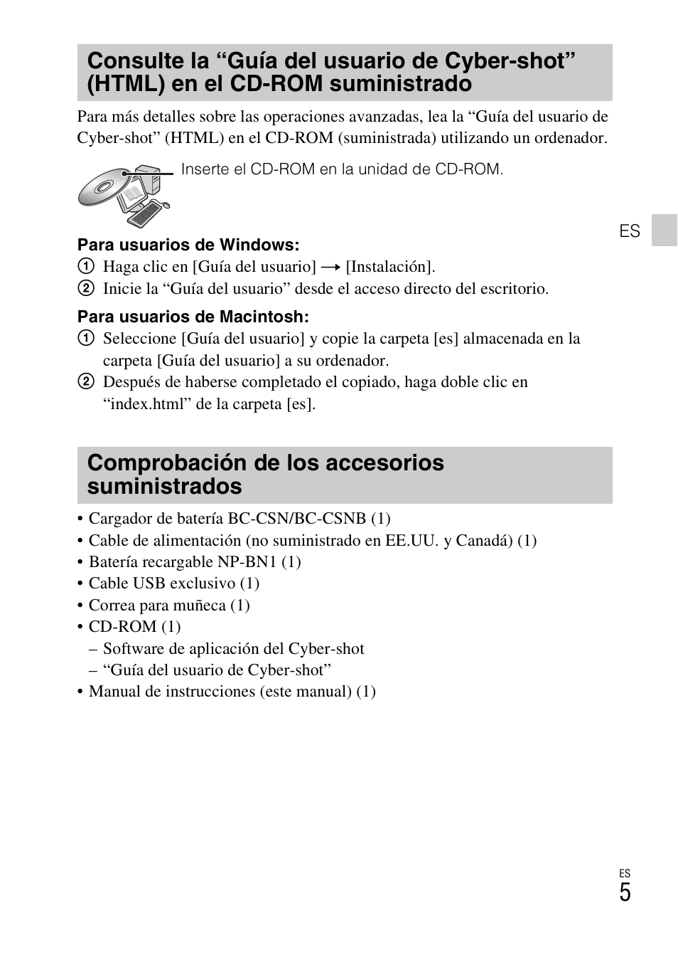 Comprobación de los accesorios suministrados | Sony DSC-W550 User Manual | Page 73 / 427