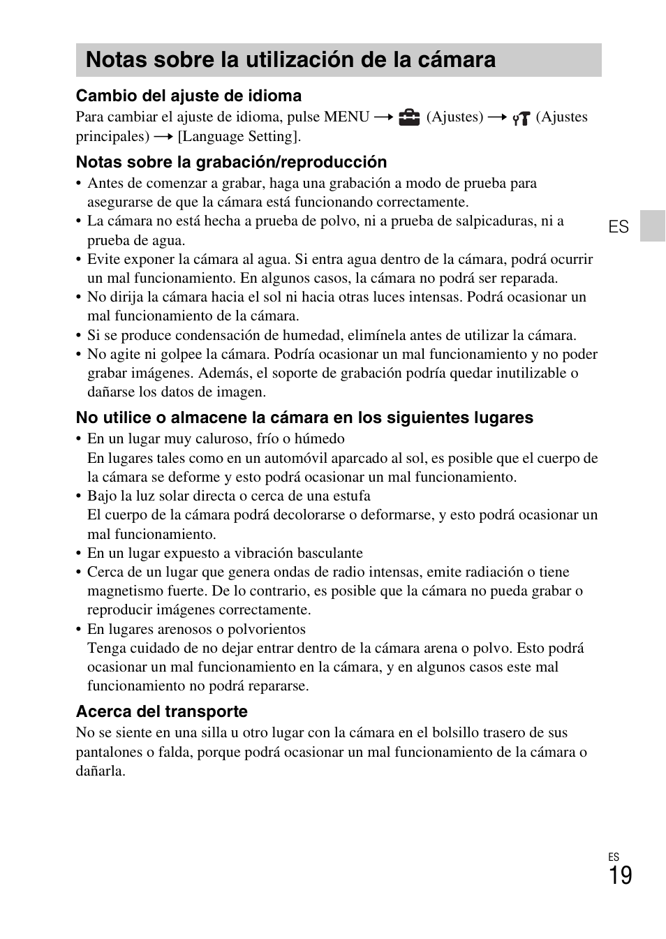 Notas sobre la utilización de la cámara | Sony DSC-W550 User Manual | Page 87 / 427