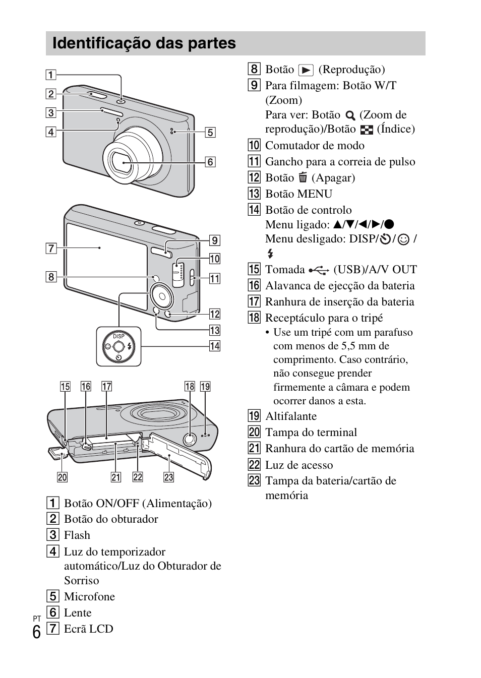 Identificação das partes | Sony DSC-W550 User Manual | Page 96 / 427