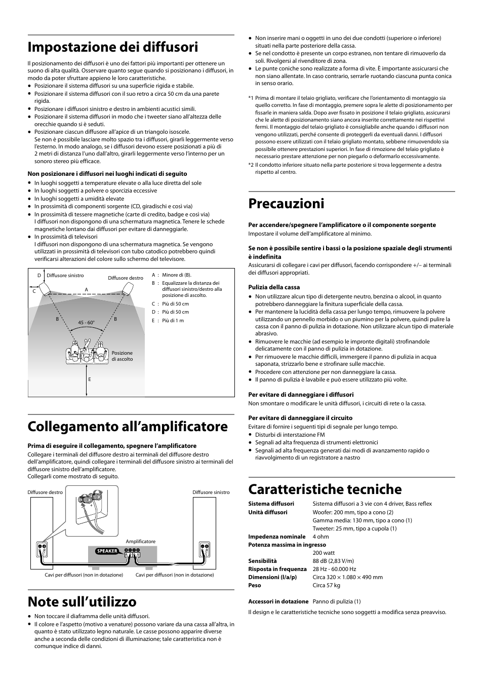 Impostazione dei diffusori, Collegamento all’amplificatore, Precauzioni | Caratteristiche tecniche | Sony SS-AR1 User Manual | Page 13 / 16