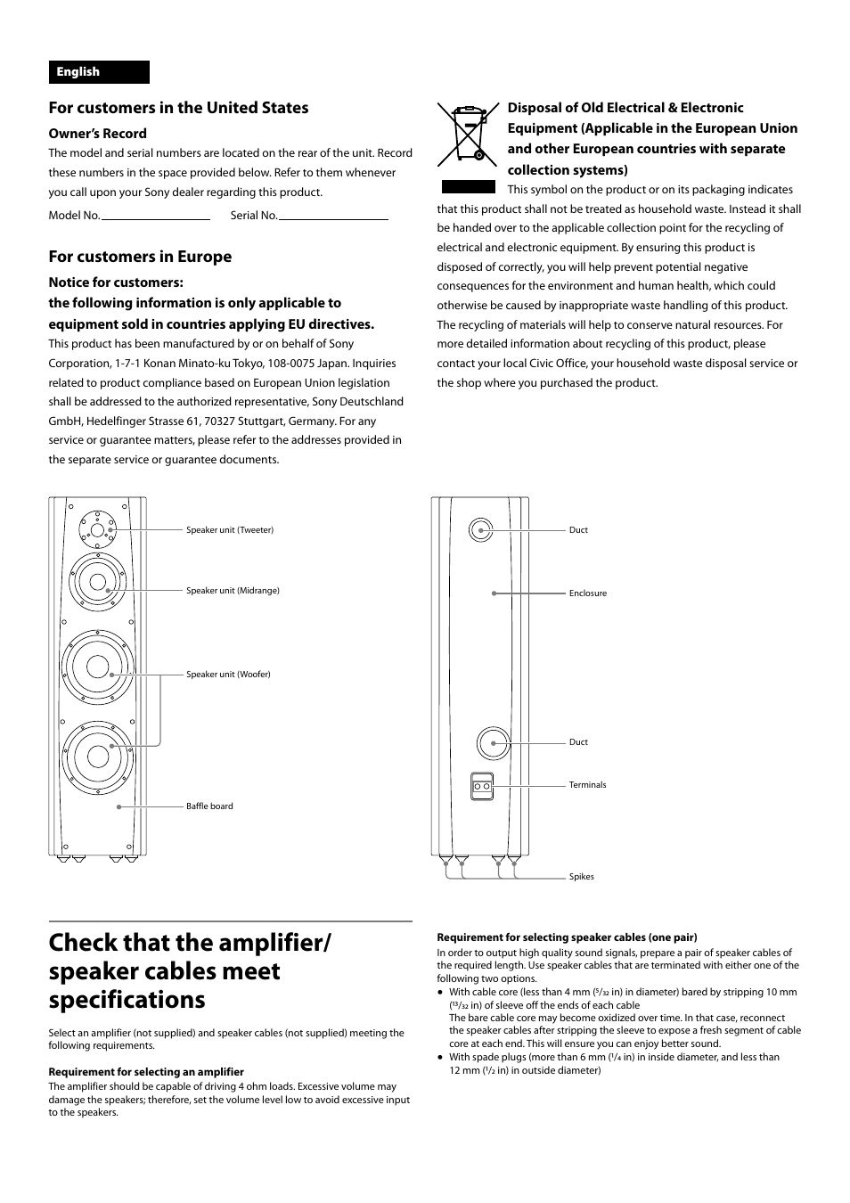 For customers in the united states, For customers in europe | Sony SS-AR1 User Manual | Page 2 / 16