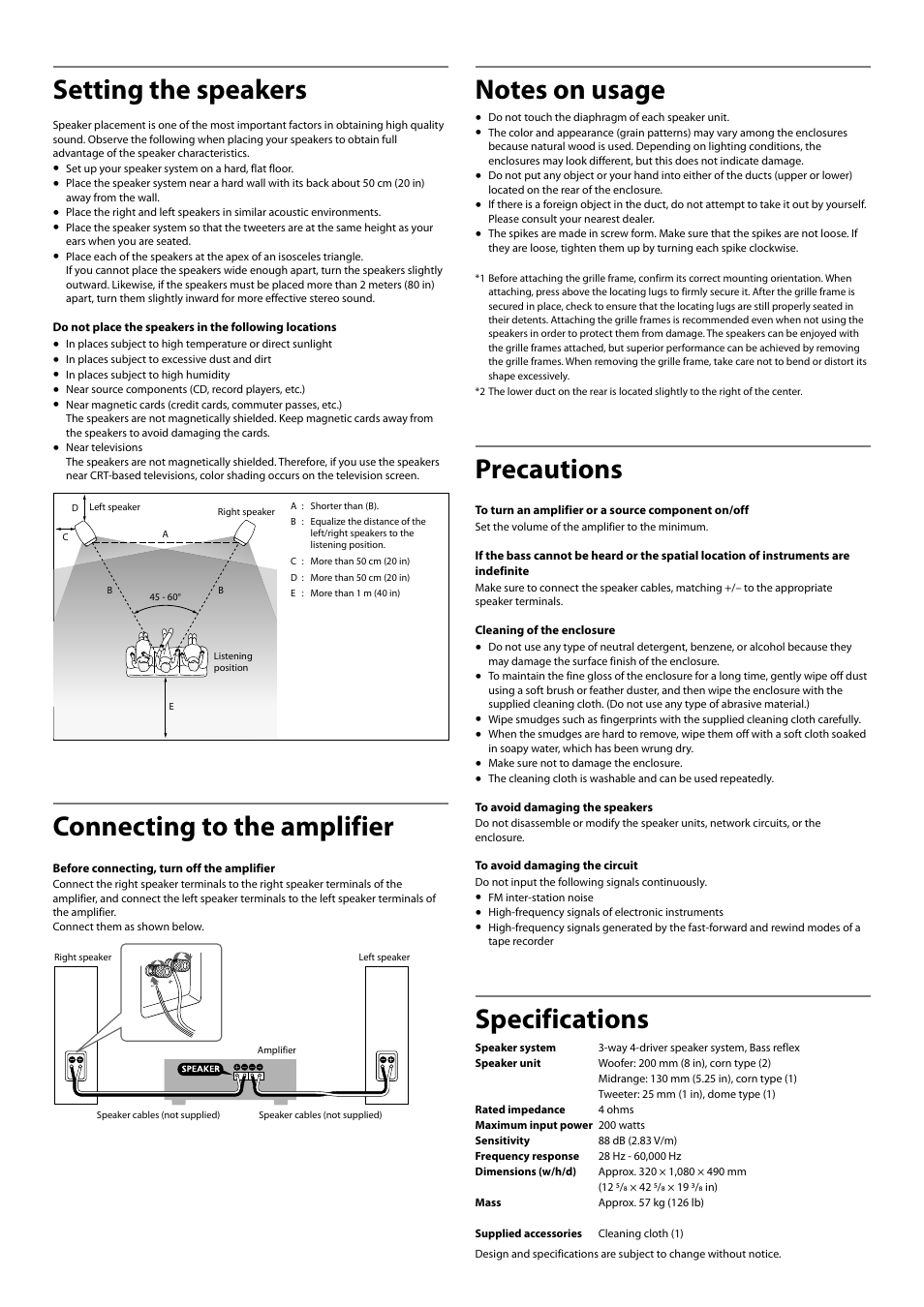 Setting the speakers, Connecting to the amplifier, Precautions | Specifications | Sony SS-AR1 User Manual | Page 3 / 16