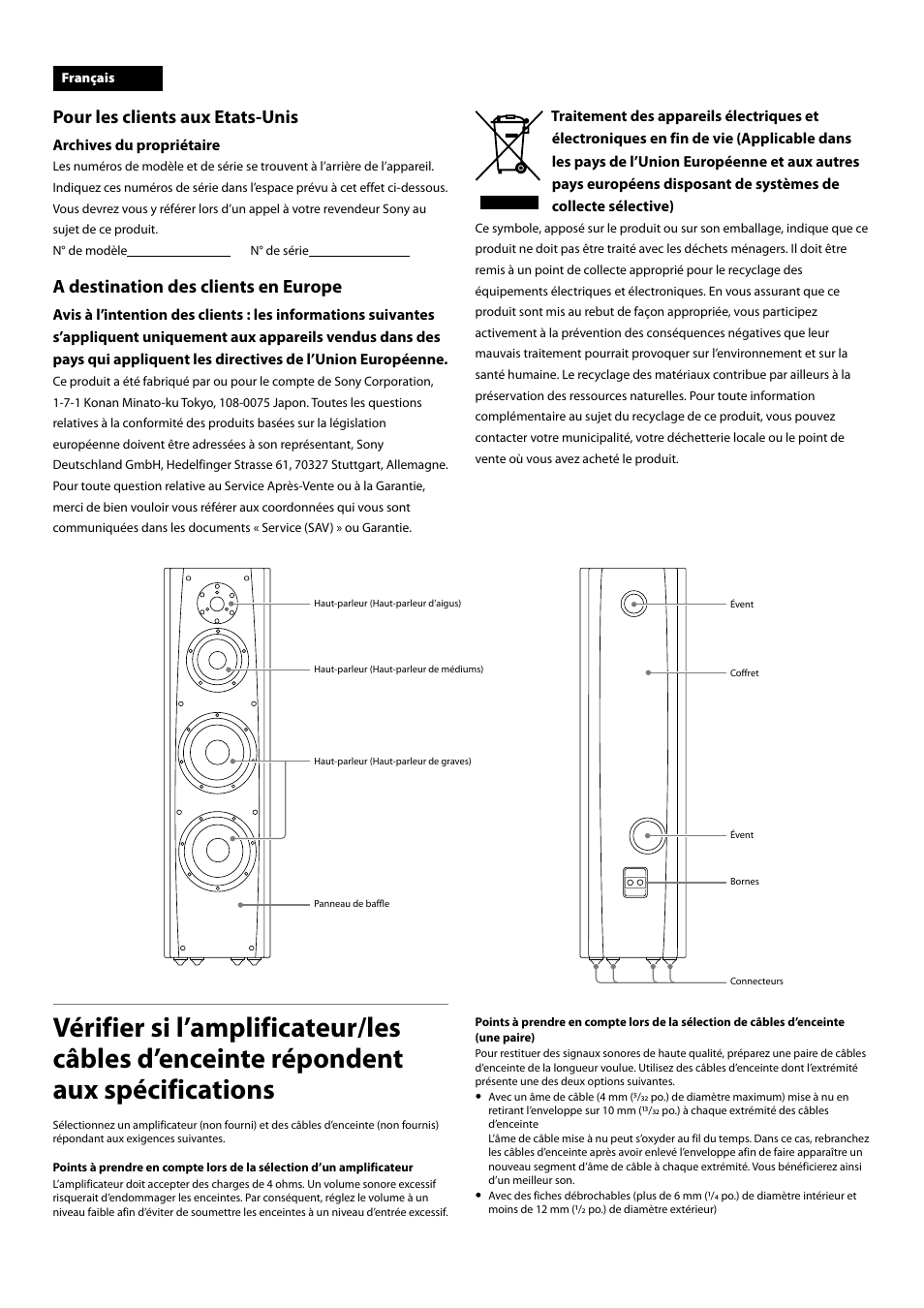 Pour les clients aux etats-unis, A destination des clients en europe | Sony SS-AR1 User Manual | Page 4 / 16