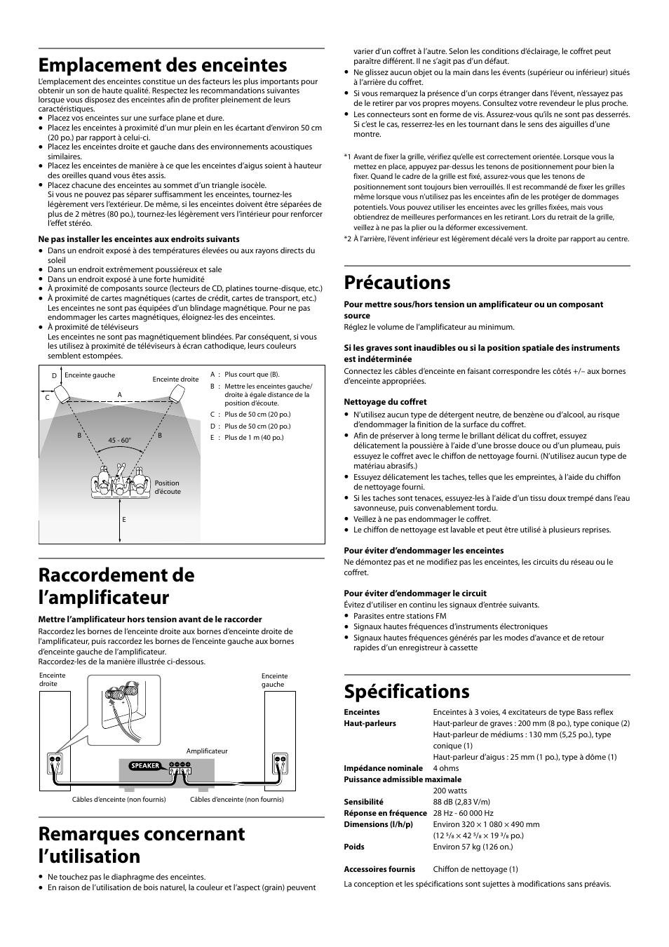 Emplacement des enceintes, Raccordement de l’amplificateur, Remarques concernant l’utilisation | Précautions, Spécifications | Sony SS-AR1 User Manual | Page 5 / 16