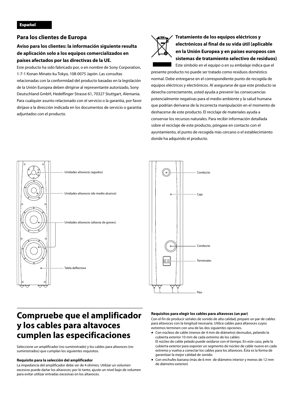 Para los clientes de europa | Sony SS-AR1 User Manual | Page 6 / 16