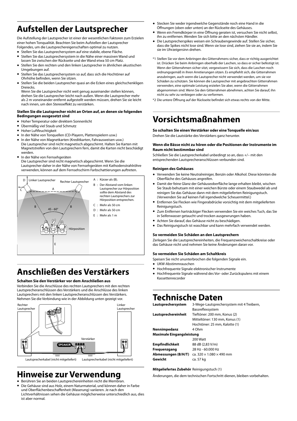 Aufstellen der lautsprecher, Anschließen des verstärkers, Hinweise zur verwendung | Vorsichtsmaßnahmen, Technische daten | Sony SS-AR1 User Manual | Page 9 / 16