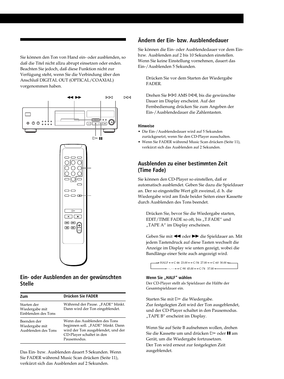 Ein- oder ausblenden, Aufnehmen von cds, Ein- oder ausblenden an der gewünschten stelle | Ändern der ein- bzw. ausblendedauer, Ausblenden zu einer bestimmten zeit (time fade) | Sony CDP-XB630 User Manual | Page 17 / 104