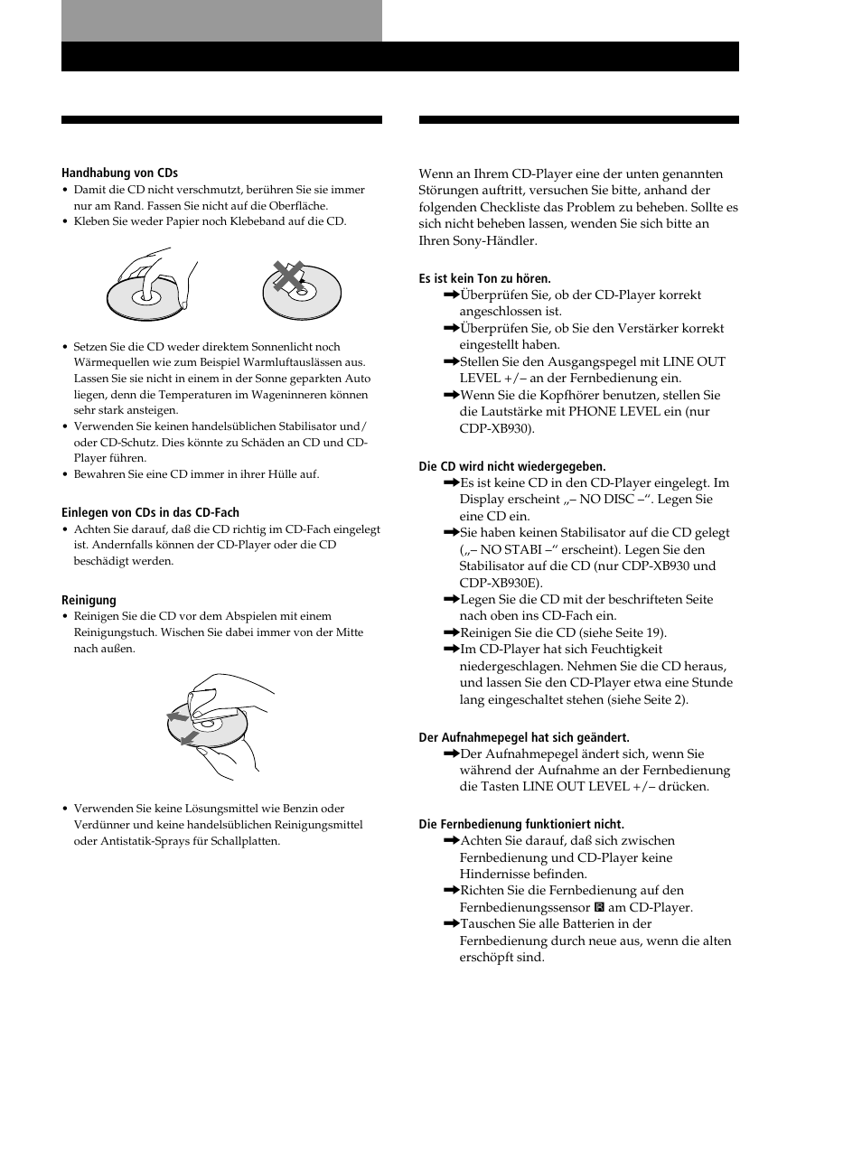 Hinweise zu cds, Störungsbehebung, Weitere informationen | Sony CDP-XB630 User Manual | Page 19 / 104