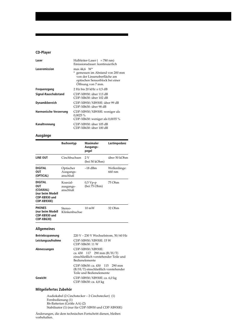 Technische daten, Weitere informationen | Sony CDP-XB630 User Manual | Page 20 / 104