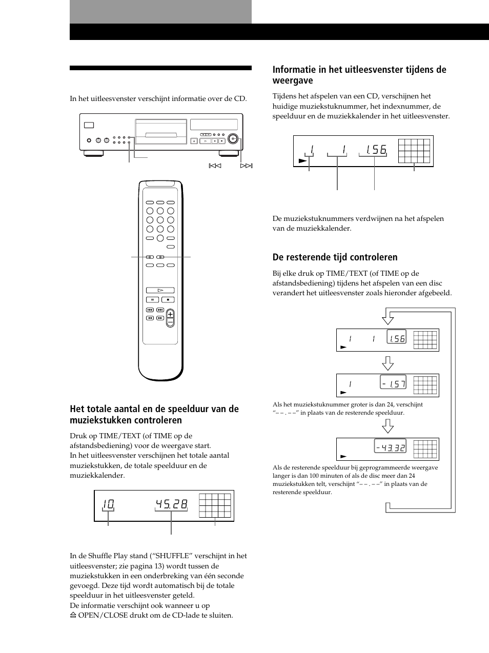 Gebruik van het uitleesvenster, Cd’s afspelen, De resterende tijd controleren | Druk op, Druk op time display on/off, Time/text language ≠ ams | Sony CDP-XB630 User Manual | Page 27 / 104