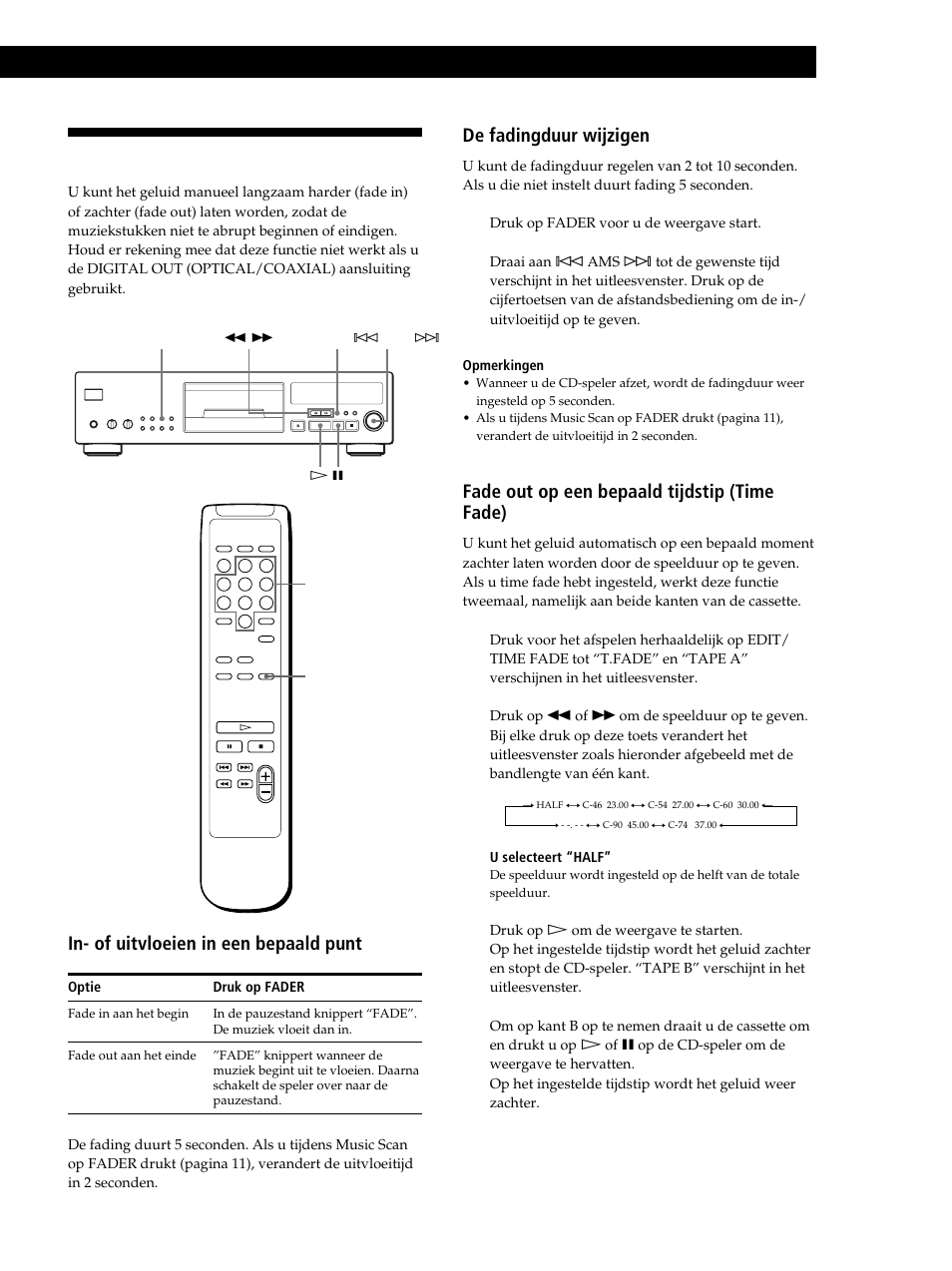 Fade in/out, Vanaf een cd opnemen, In- of uitvloeien in een bepaald punt | De fadingduur wijzigen, Fade out op een bepaald tijdstip (time fade) | Sony CDP-XB630 User Manual | Page 36 / 104