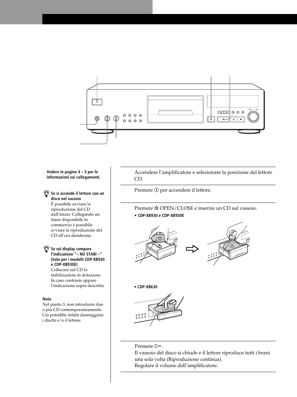 Riproduzione di un cd, Operazioni di base | Sony CDP-XB630 User Manual | Page 45 / 104