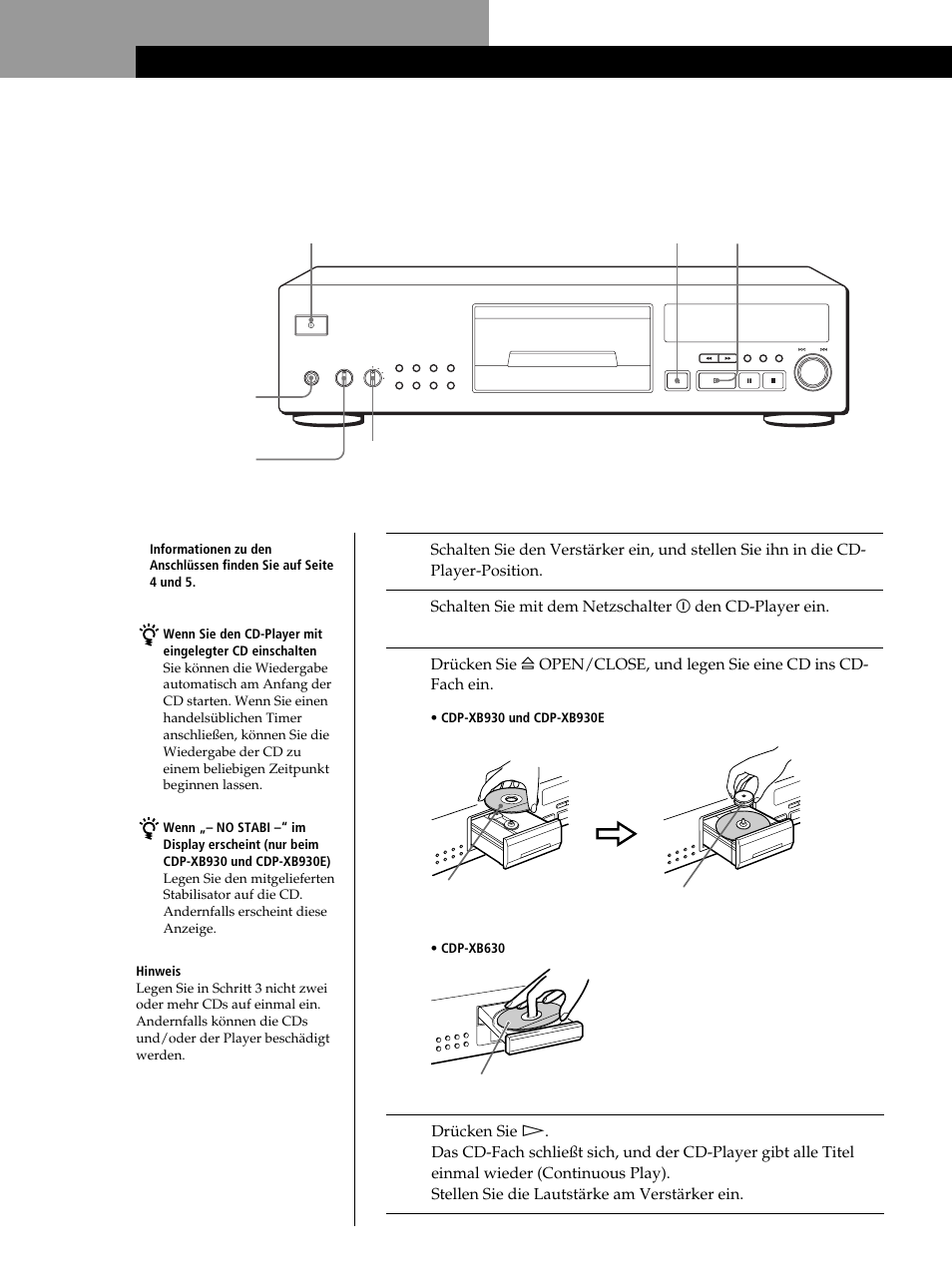 Wiedergeben einer cd, Grundfunktionen | Sony CDP-XB630 User Manual | Page 6 / 104