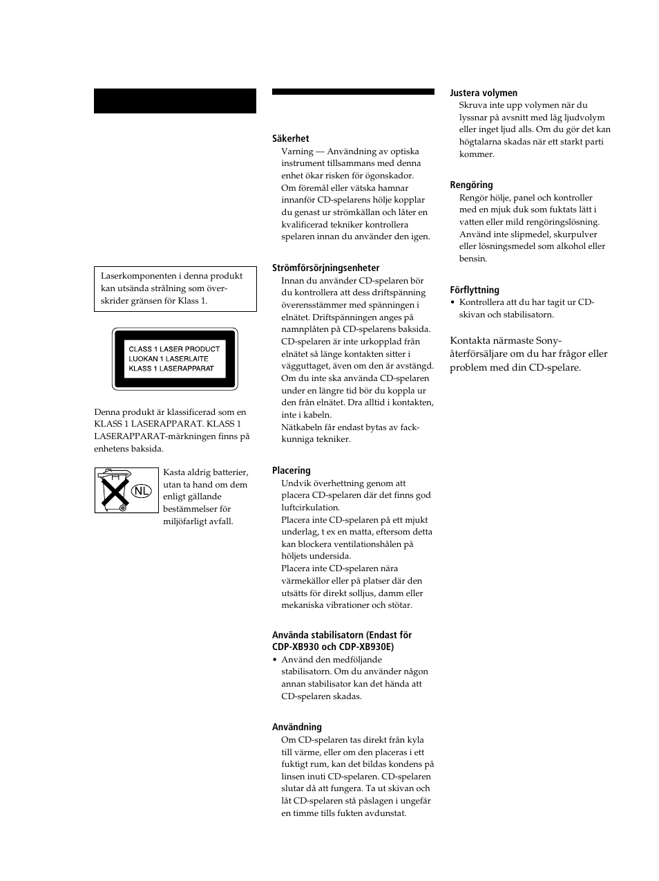 Försiktighetsåtgärder, Varning | Sony CDP-XB630 User Manual | Page 61 / 104