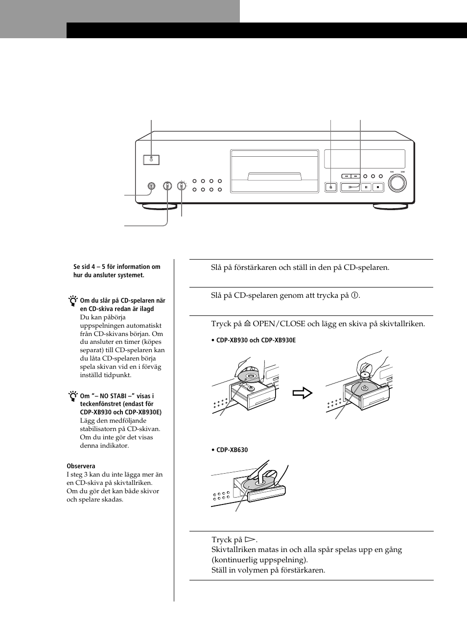 Spela upp en cd-skiva, Grundfunktioner | Sony CDP-XB630 User Manual | Page 65 / 104