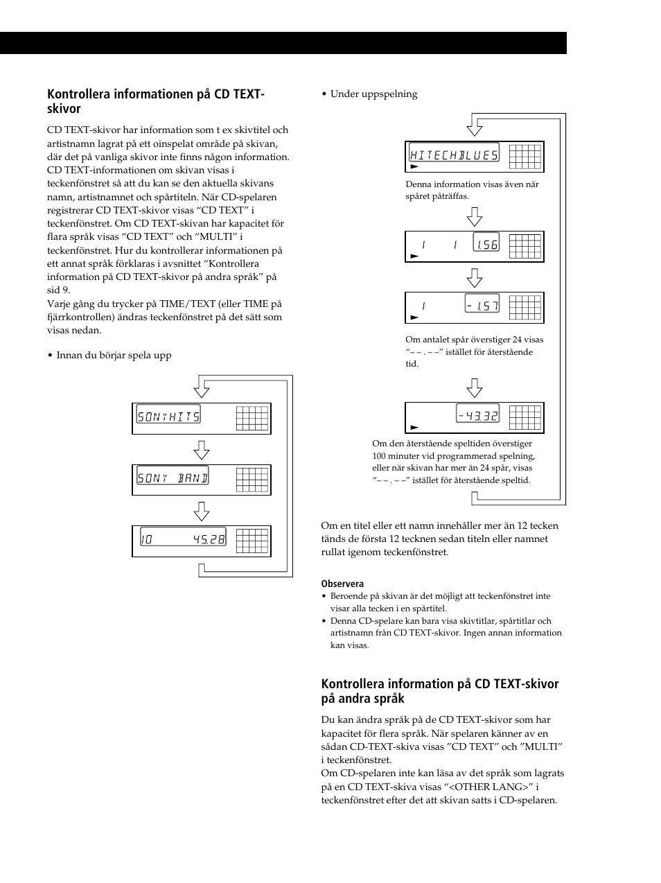 Spela upp cd-skivor, Kontrollera informationen på cd text- skivor, Forts) | Sony CDP-XB630 User Manual | Page 68 / 104