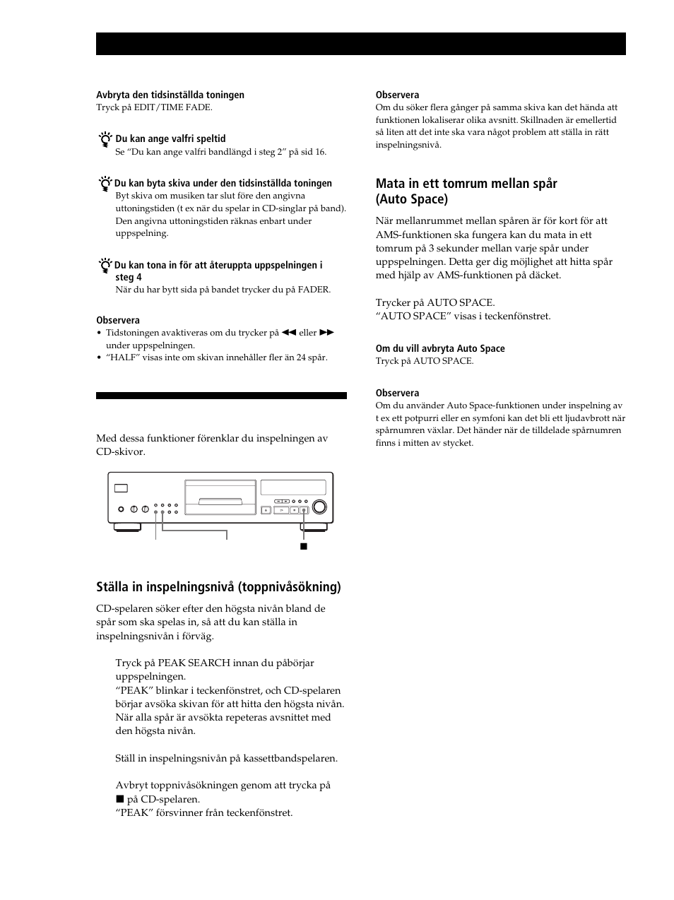 Användbara inspelningstips, Spela in från cd-skivor, Mata in ett tomrum mellan spår (auto space) | Ställa in inspelningsnivå (toppnivåsökning) | Sony CDP-XB630 User Manual | Page 77 / 104