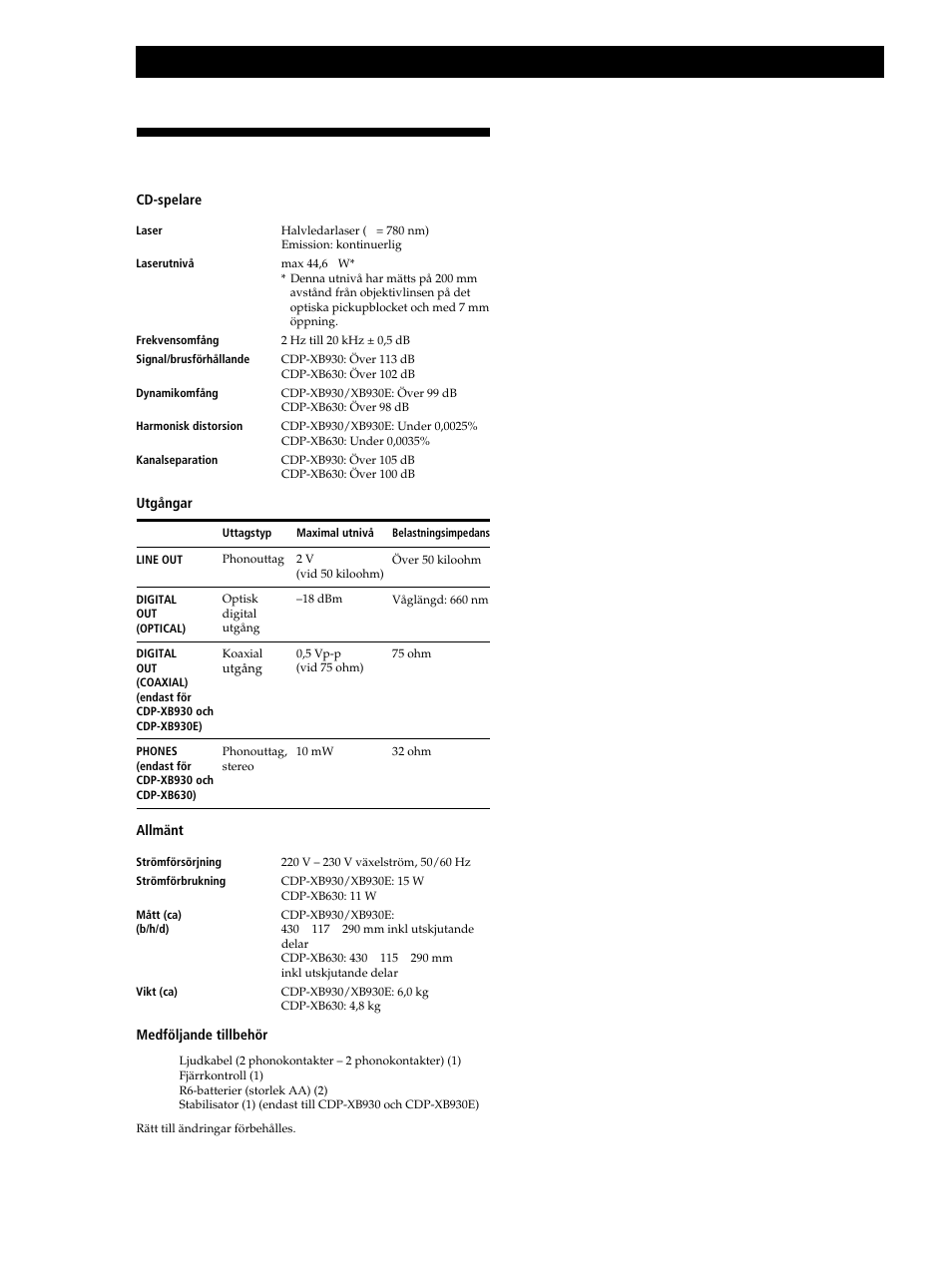 Tekniska data, Ytterligare information | Sony CDP-XB630 User Manual | Page 79 / 104