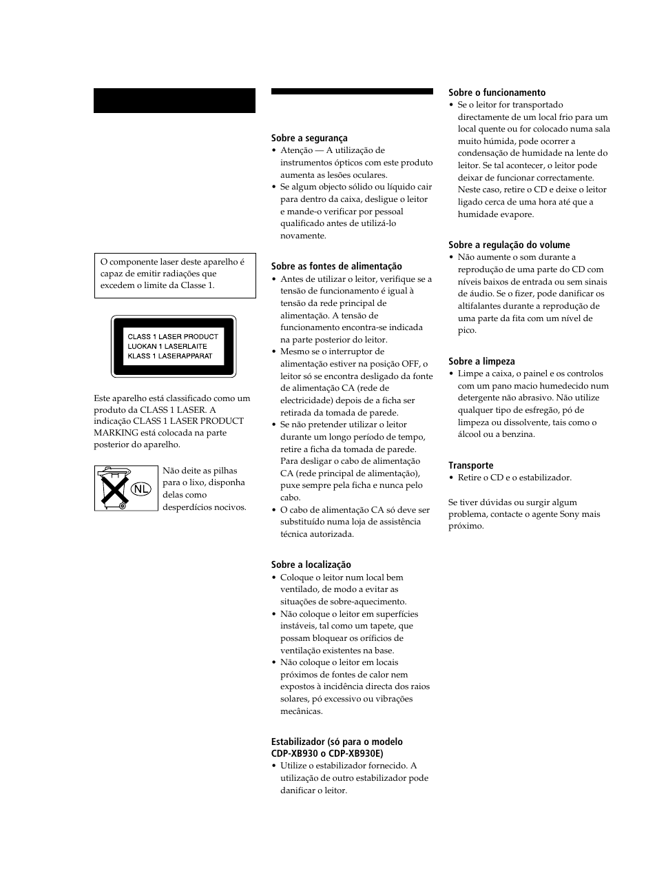 Precauções, Aviso | Sony CDP-XB630 User Manual | Page 81 / 104