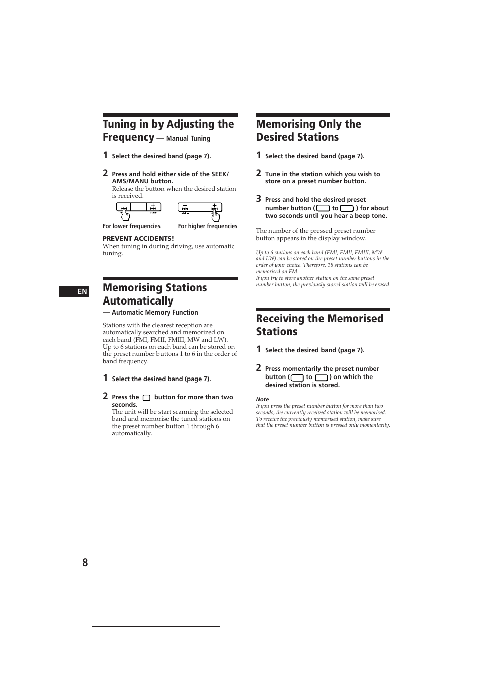 Tuning in by adjusting the frequency | Sony CDX-3002 User Manual | Page 8 / 61