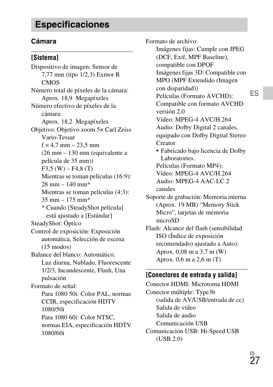 Especificaciones | Sony DSC-TX77 User Manual | Page 117 / 551