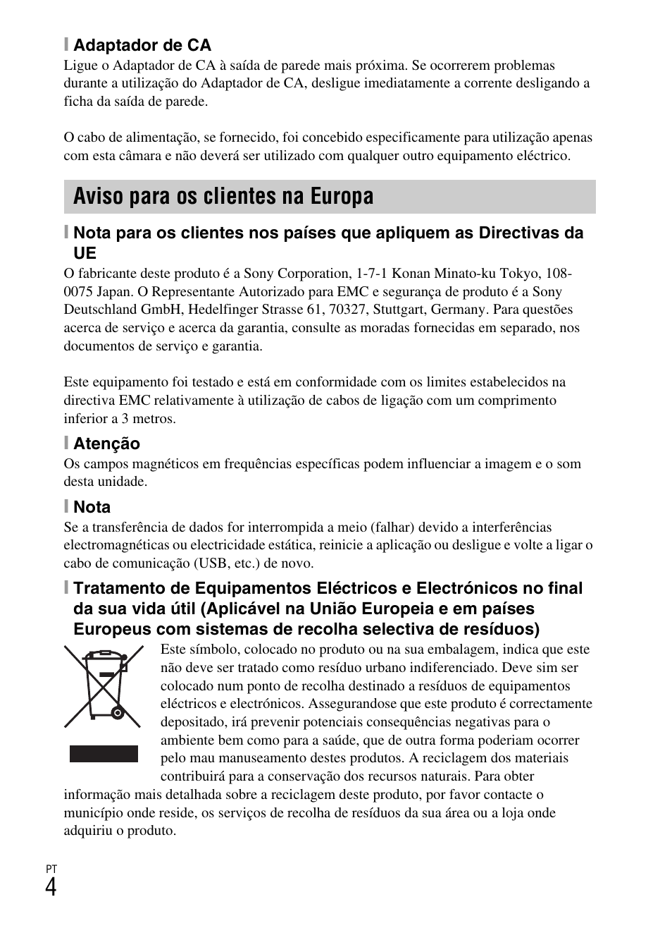 Aviso para os clientes na europa | Sony DSC-TX77 User Manual | Page 122 / 551