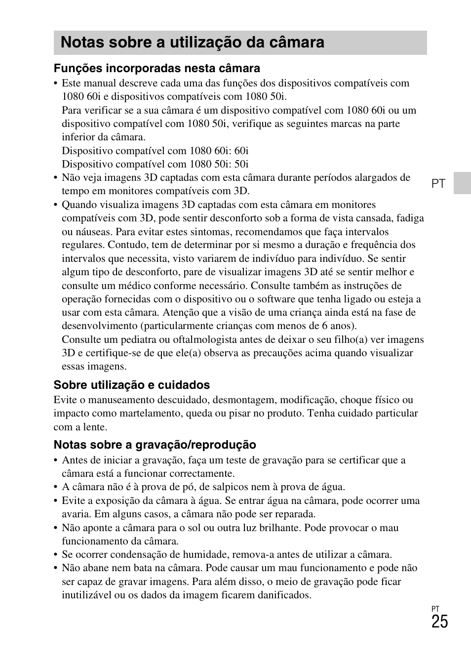 Notas sobre a utilização da câmara | Sony DSC-TX77 User Manual | Page 143 / 551