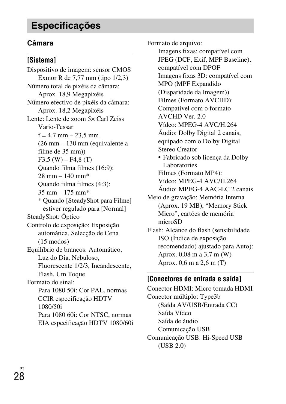 Especificações | Sony DSC-TX77 User Manual | Page 146 / 551