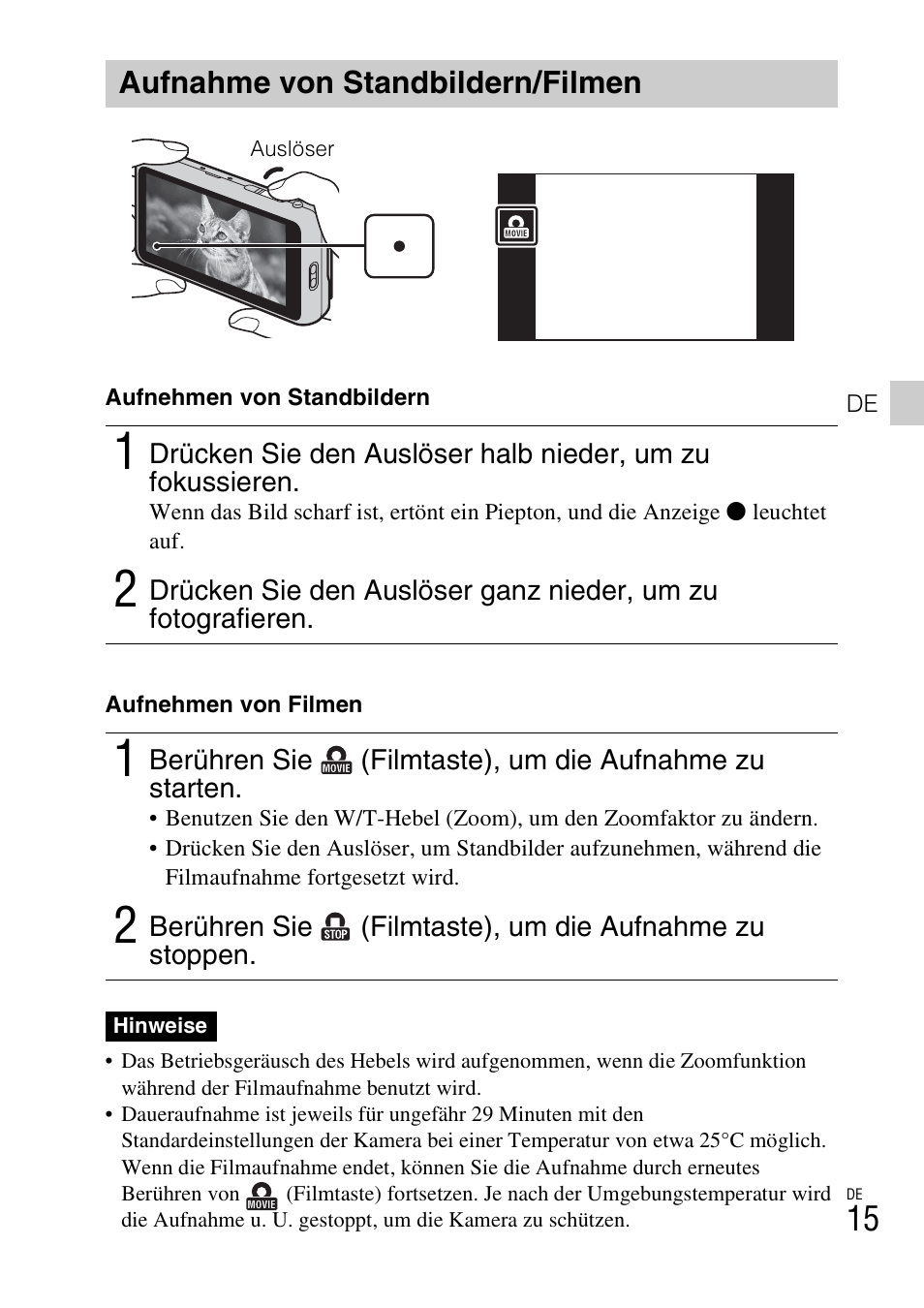 Aufnahme von standbildern/filmen | Sony DSC-TX77 User Manual | Page 163 / 551