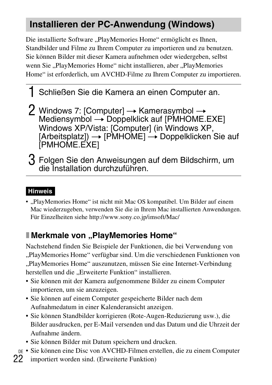 Installieren der pc-anwendung (windows) | Sony DSC-TX77 User Manual | Page 170 / 551