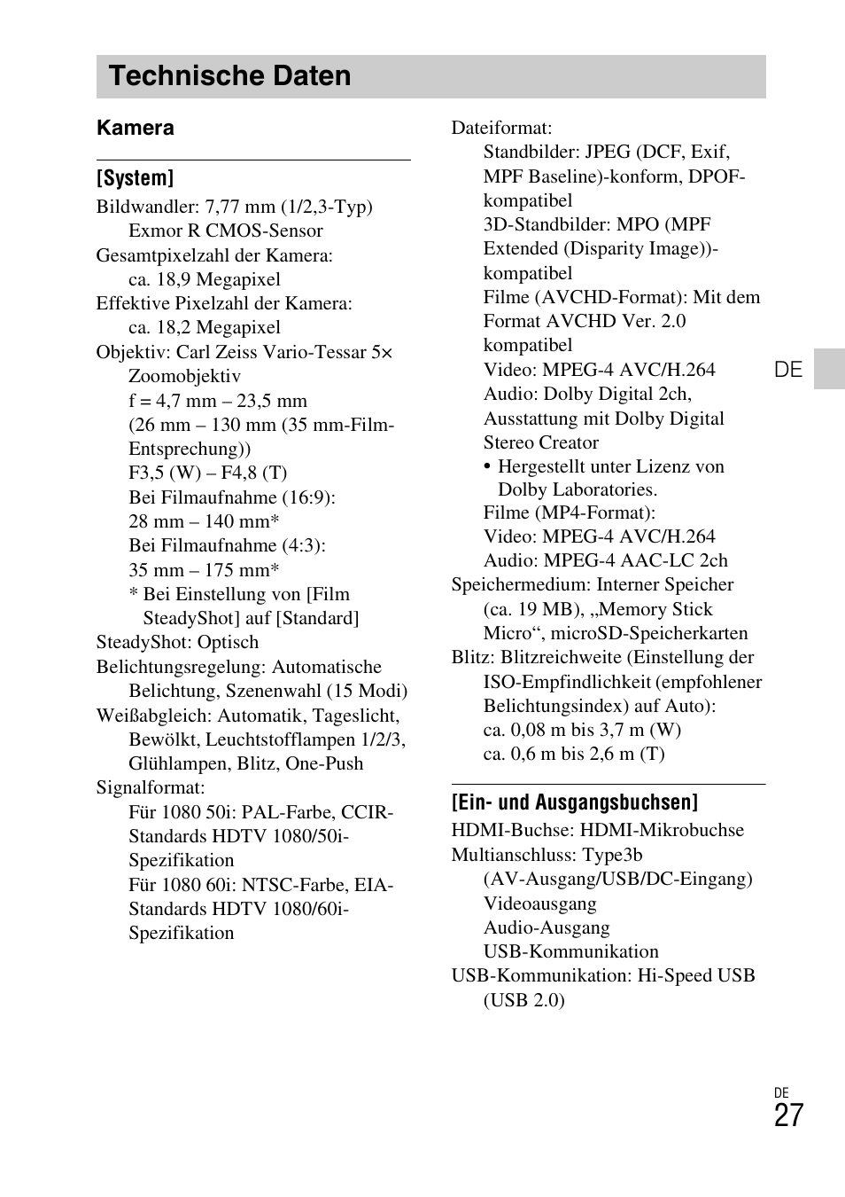Technische daten | Sony DSC-TX77 User Manual | Page 175 / 551