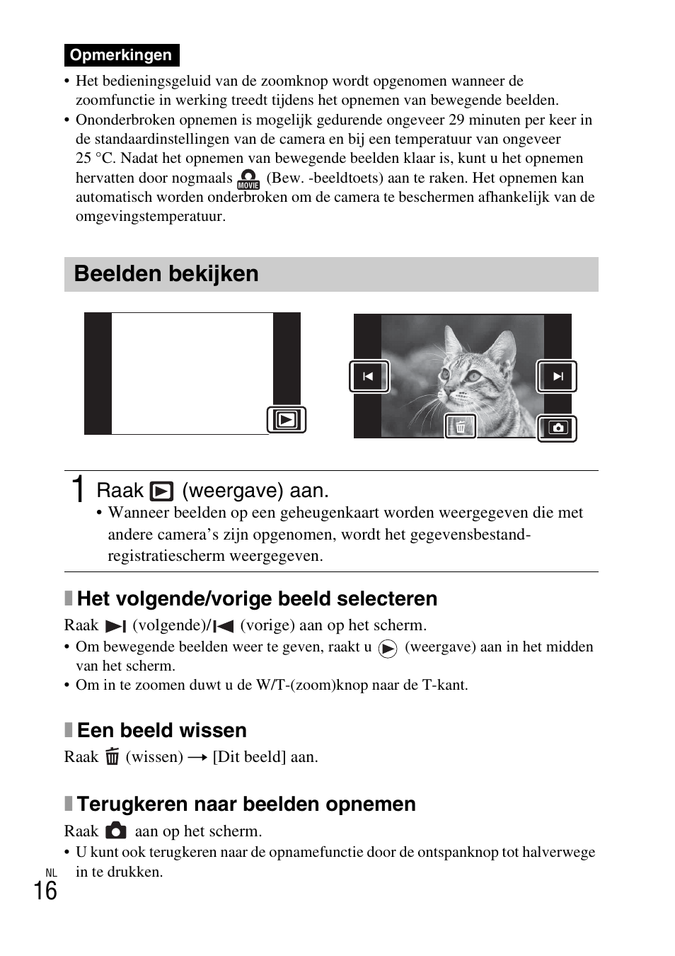 Beelden bekijken, Xhet volgende/vorige beeld selecteren, Xeen beeld wissen | Xterugkeren naar beelden opnemen, Raak (weergave) aan | Sony DSC-TX77 User Manual | Page 192 / 551