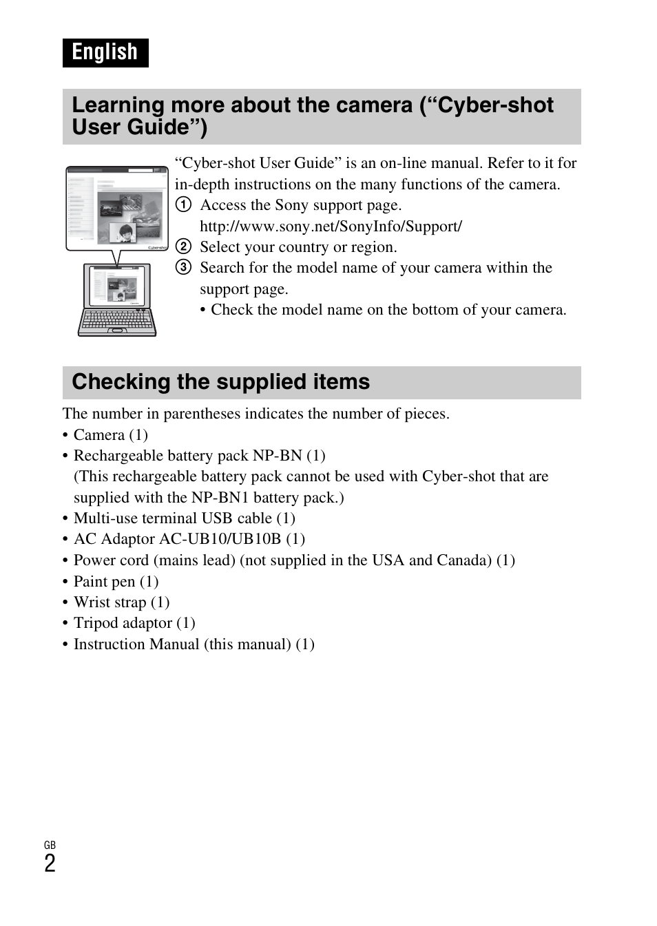 English, Checking the supplied items | Sony DSC-TX77 User Manual | Page 2 / 551