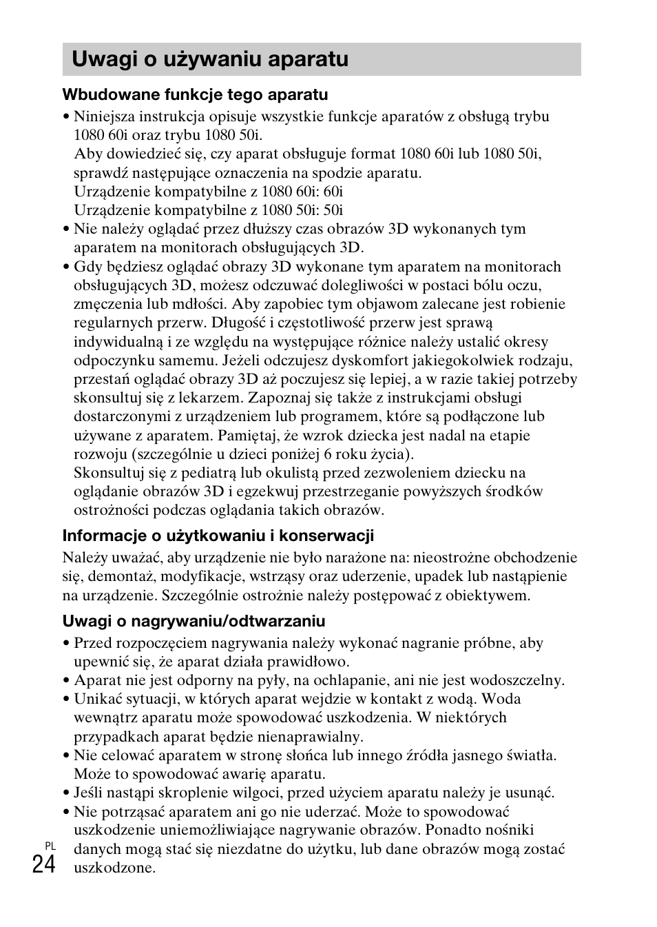 Uwagi oużywaniu aparatu, Uwagi o używaniu aparatu | Sony DSC-TX77 User Manual | Page 228 / 551
