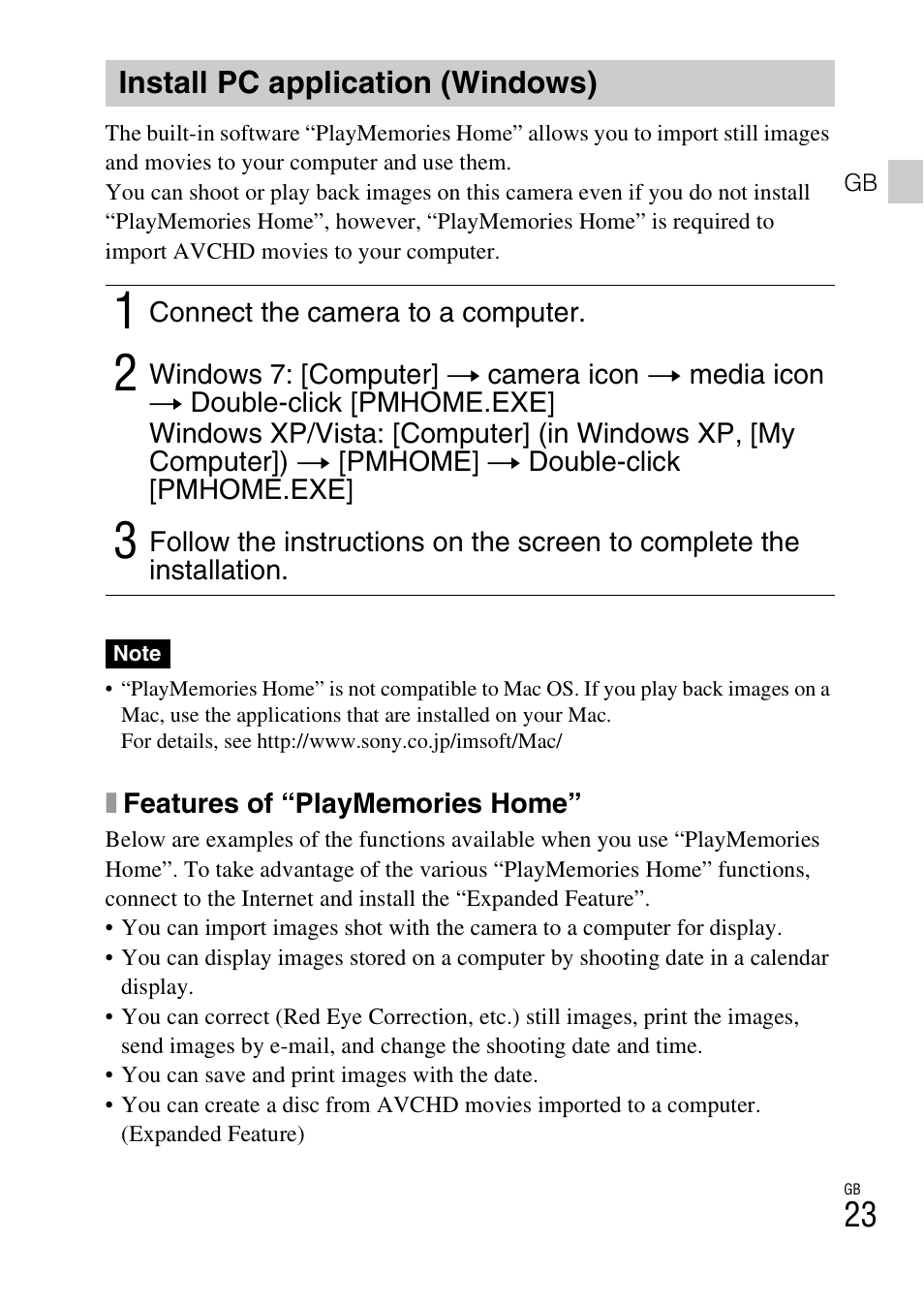 Install pc application (windows) | Sony DSC-TX77 User Manual | Page 23 / 551