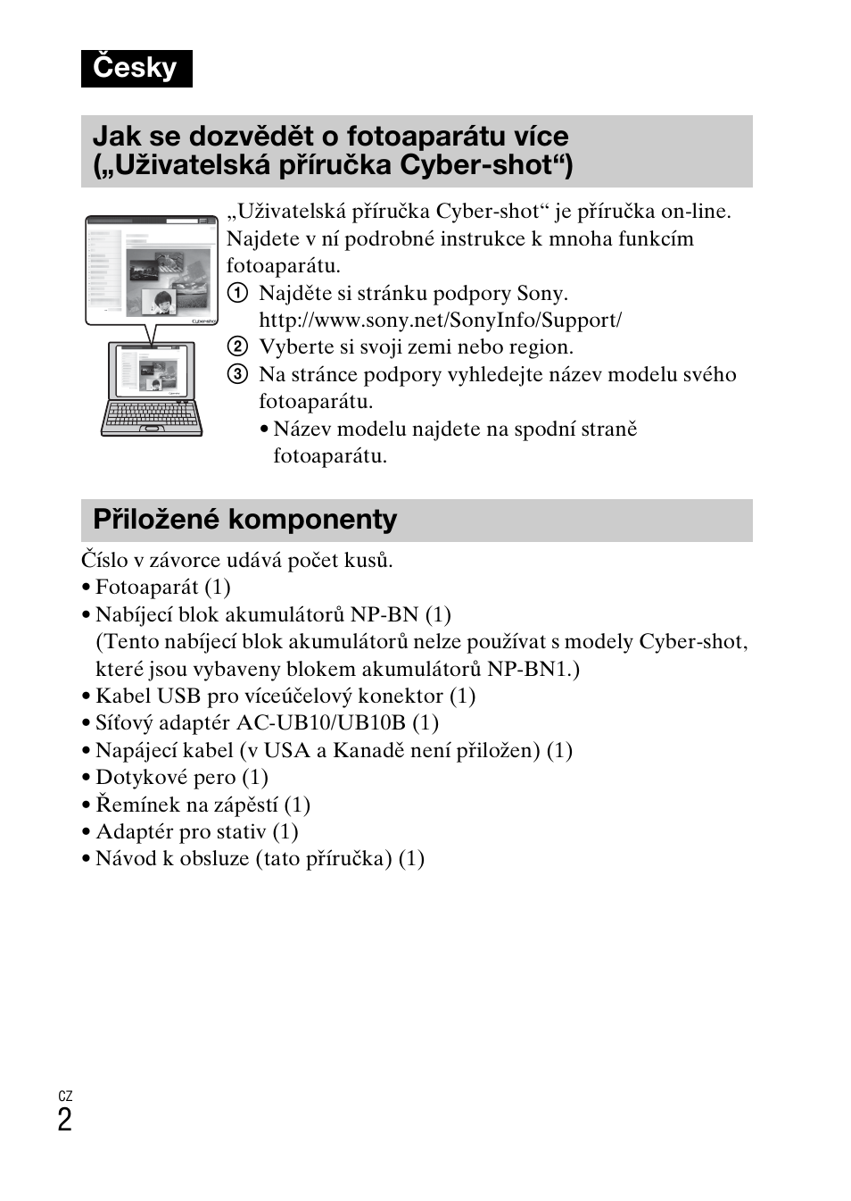 Česky, Přiložené komponenty | Sony DSC-TX77 User Manual | Page 234 / 551