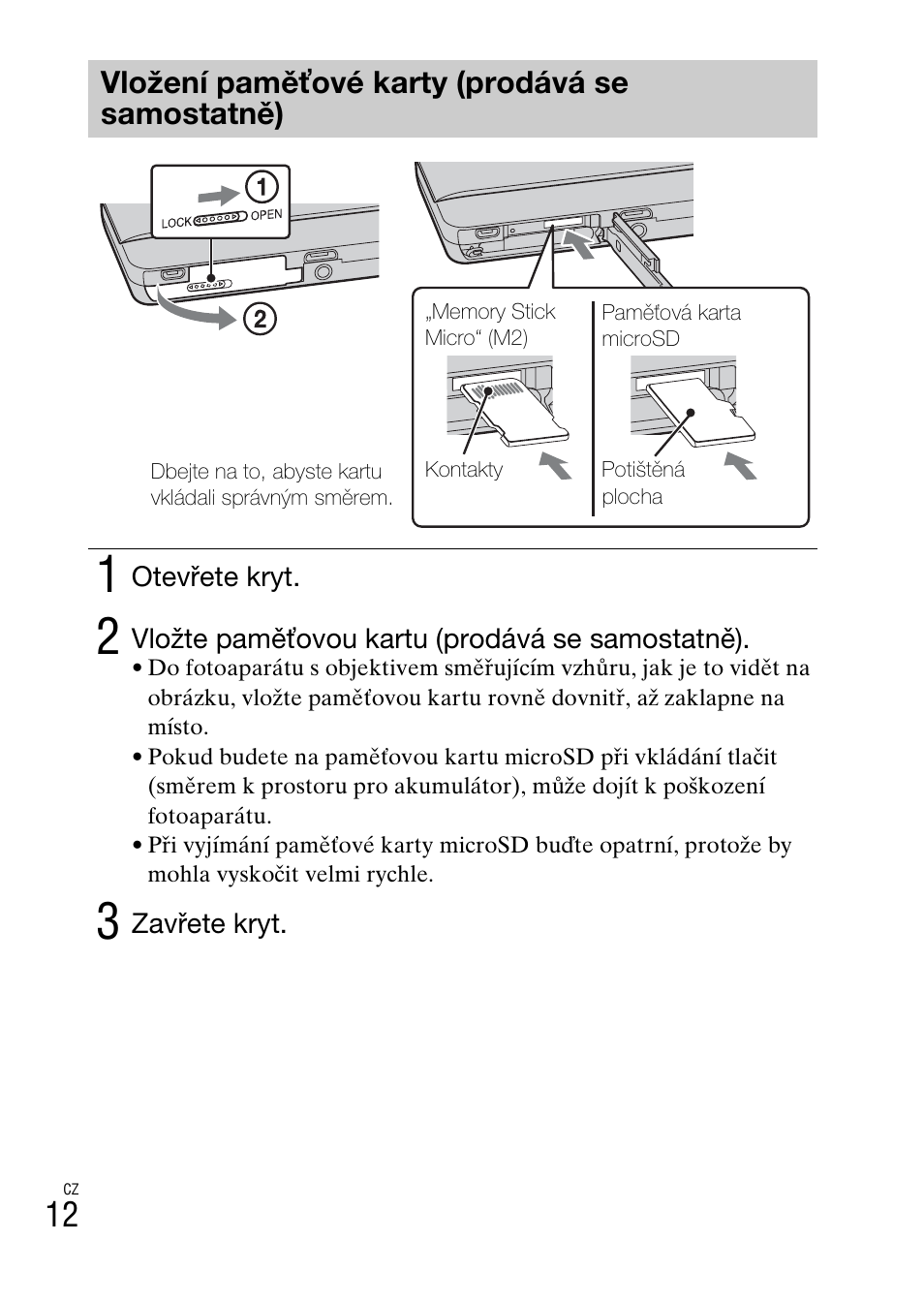 Vložení paměťové karty (prodává se samostatně) | Sony DSC-TX77 User Manual | Page 244 / 551