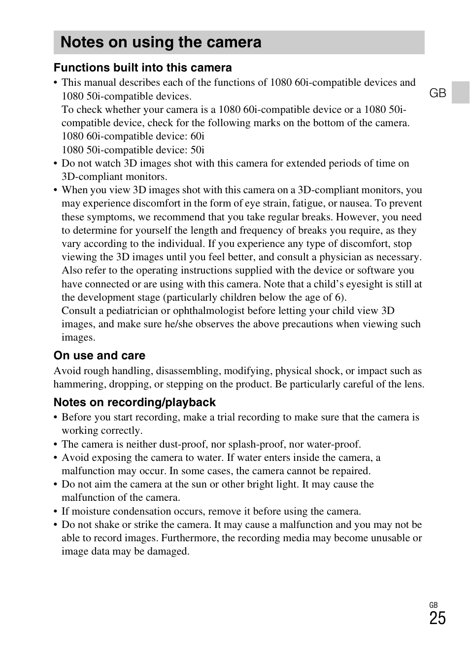 Notes on using the camera | Sony DSC-TX77 User Manual | Page 25 / 551