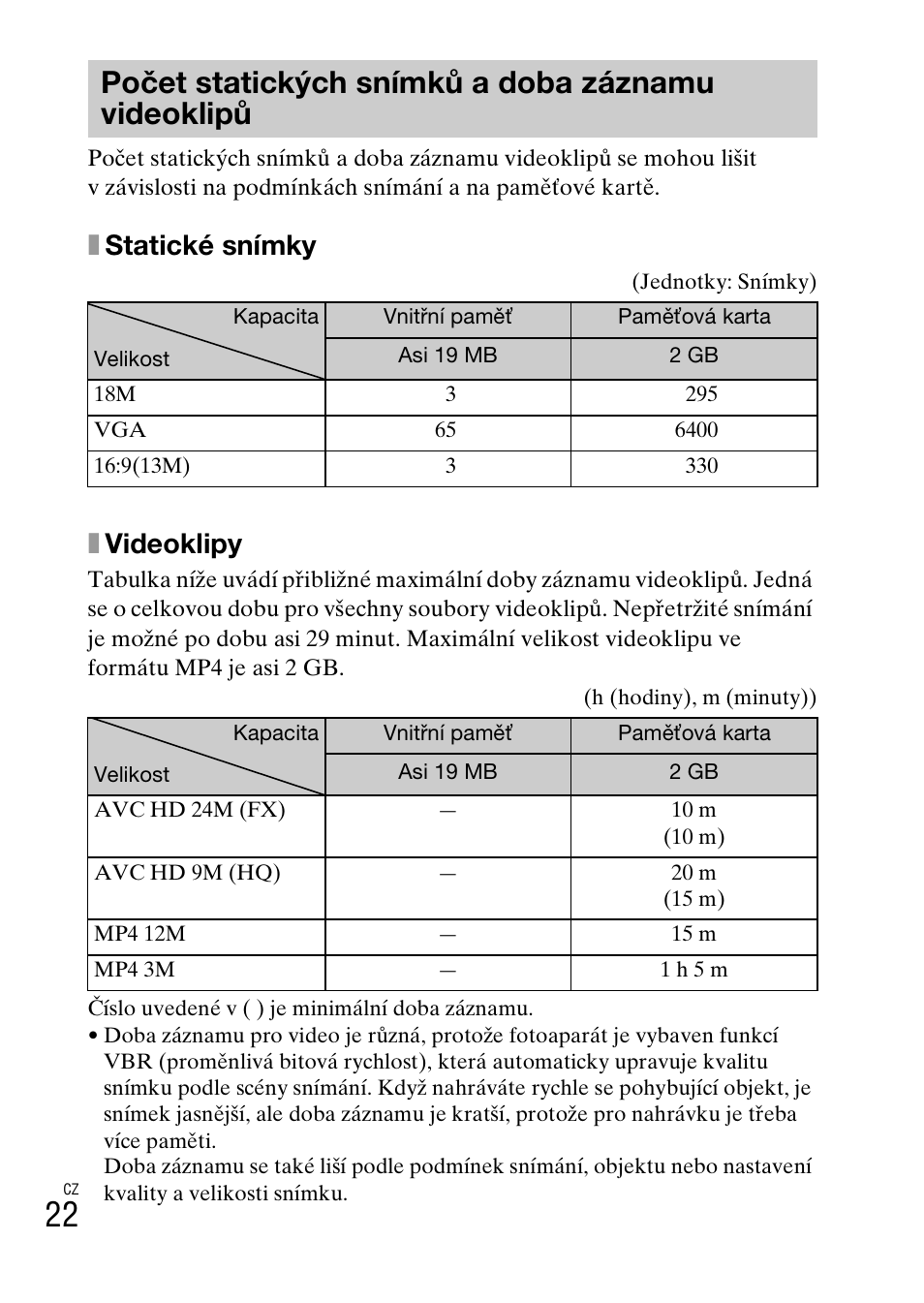 Počet statických snímků adoba záznamu videoklipů, Počet statických snímků a doba záznamu videoklipů, Xstatické snímky | Xvideoklipy | Sony DSC-TX77 User Manual | Page 254 / 551