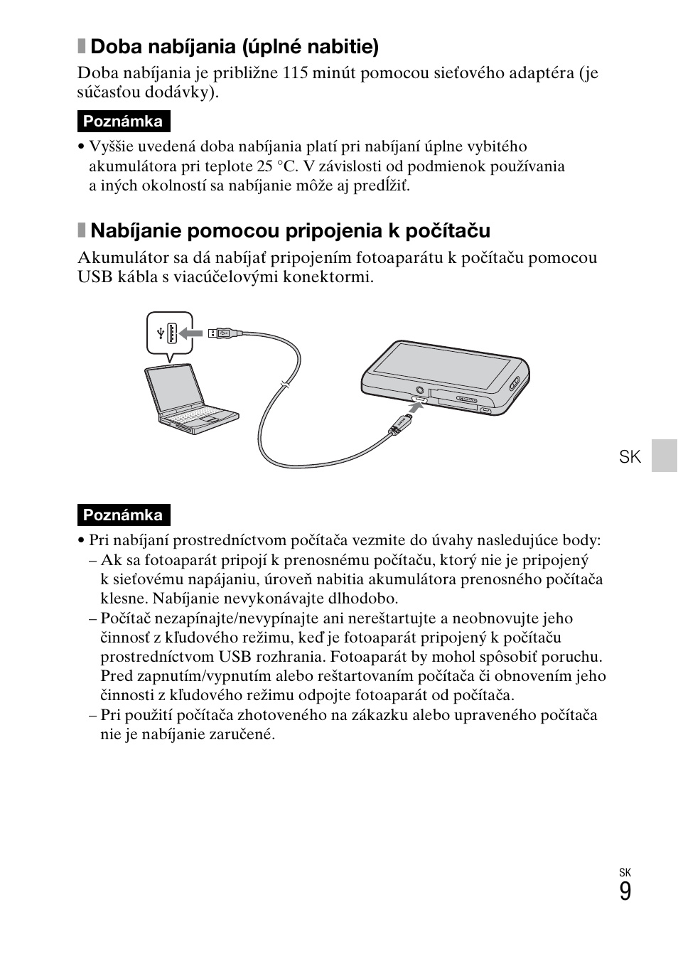 Xdoba nabíjania (úplné nabitie), Xnabíjanie pomocou pripojenia k počítaču | Sony DSC-TX77 User Manual | Page 299 / 551