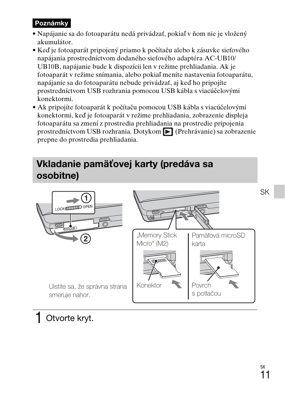 Vkladanie pamäťovej karty (predáva sa osobitne), Otvorte kryt | Sony DSC-TX77 User Manual | Page 301 / 551