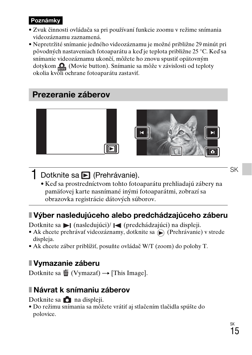 Prezeranie záberov, Xvýber nasledujúceho alebo predchádzajúceho záberu, Xvymazanie záberu | Xnávrat k snímaniu záberov, Dotknite sa (prehrávanie) | Sony DSC-TX77 User Manual | Page 305 / 551