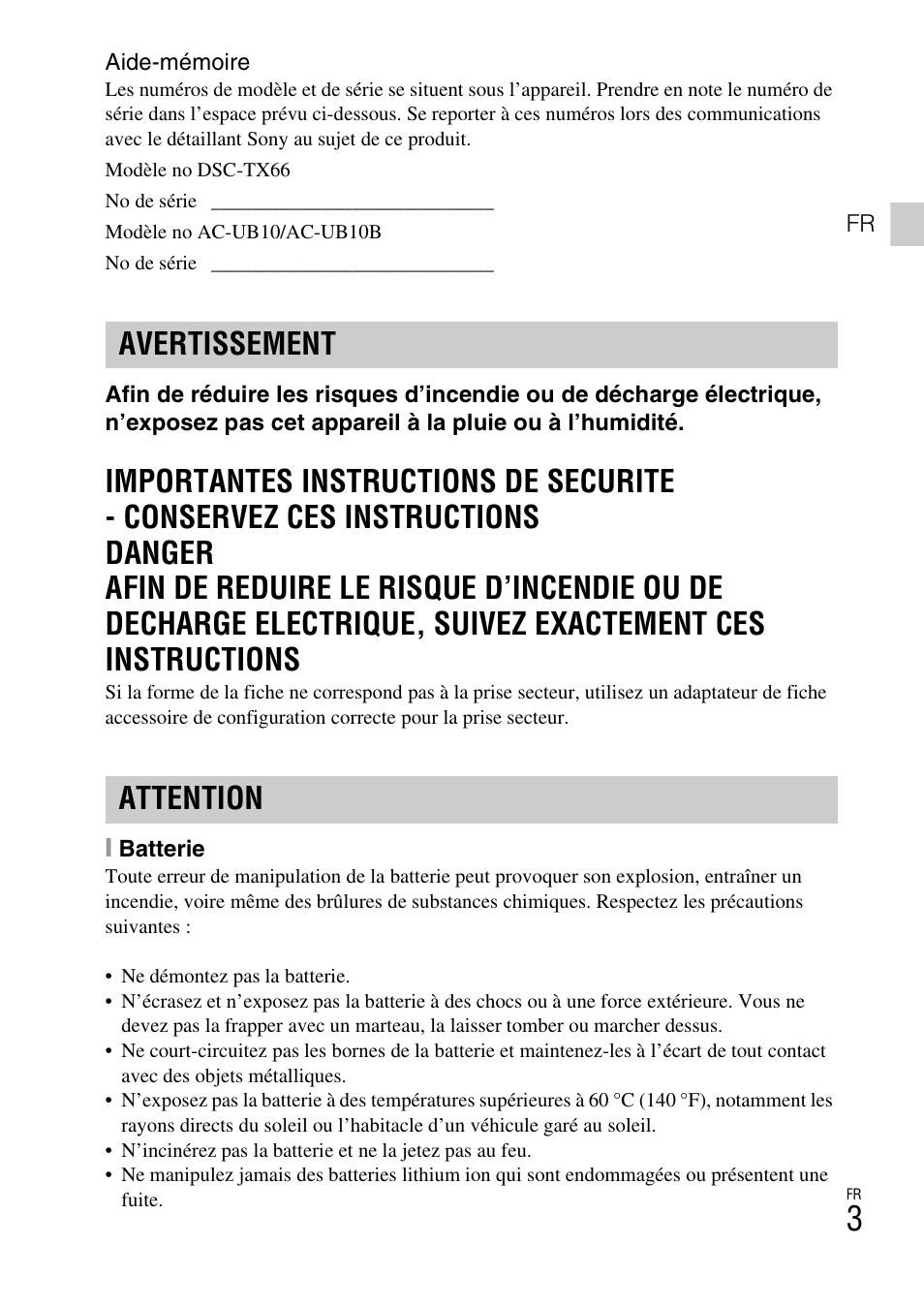 Avertissement attention | Sony DSC-TX77 User Manual | Page 33 / 551
