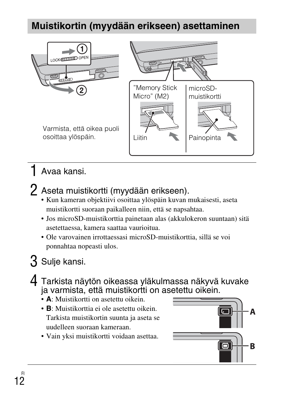 Muistikortin (myydään erikseen) asettaminen | Sony DSC-TX77 User Manual | Page 358 / 551