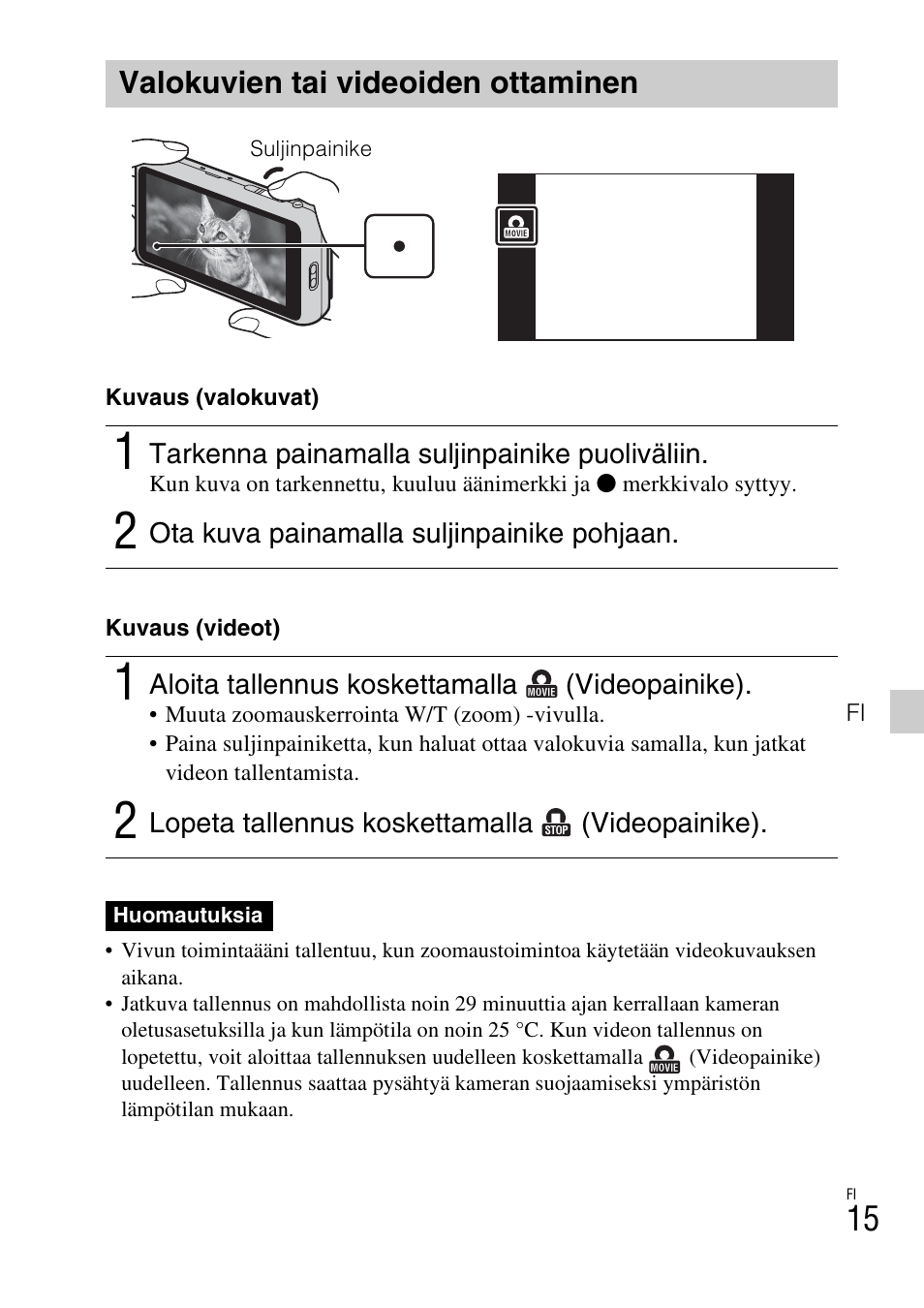 Valokuvien tai videoiden ottaminen | Sony DSC-TX77 User Manual | Page 361 / 551