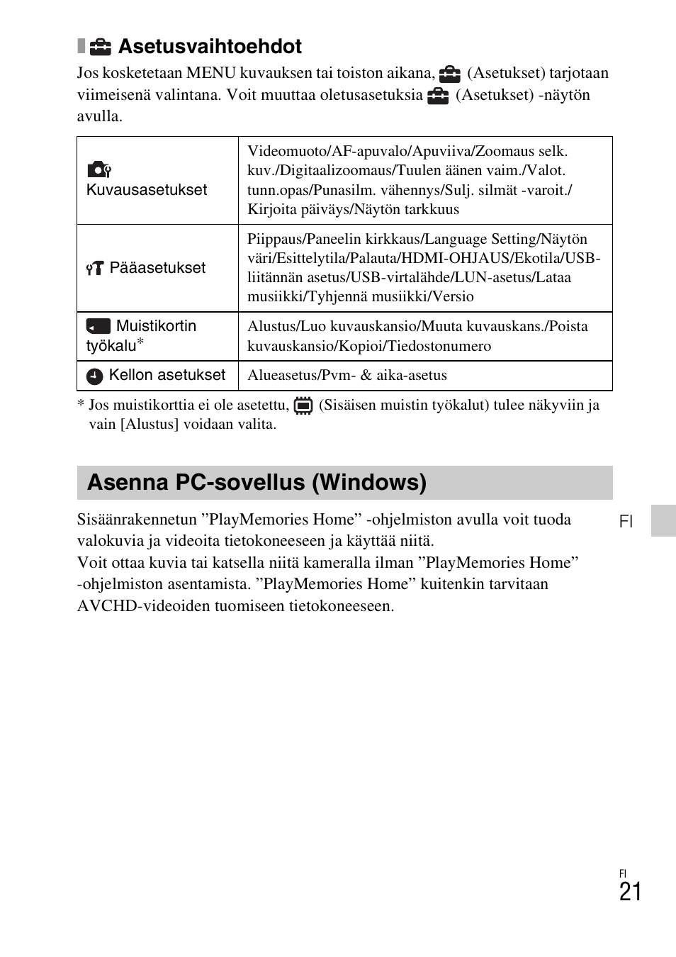 Asenna pc-sovellus (windows), Asetusvaihtoehdot | Sony DSC-TX77 User Manual | Page 367 / 551