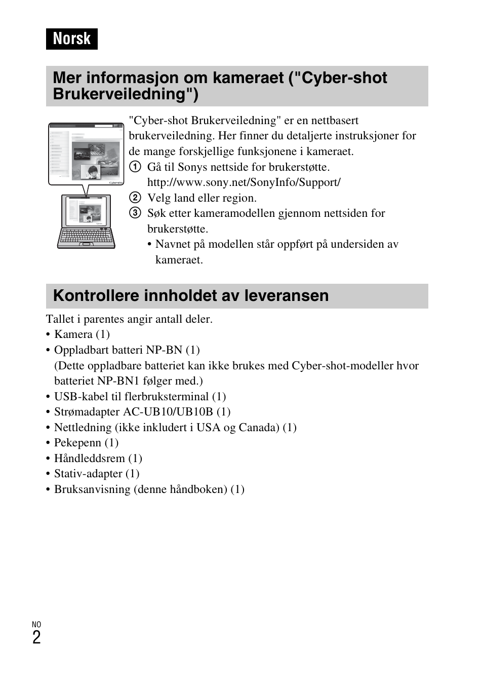 Norsk, Kontrollere innholdet av leveransen | Sony DSC-TX77 User Manual | Page 376 / 551