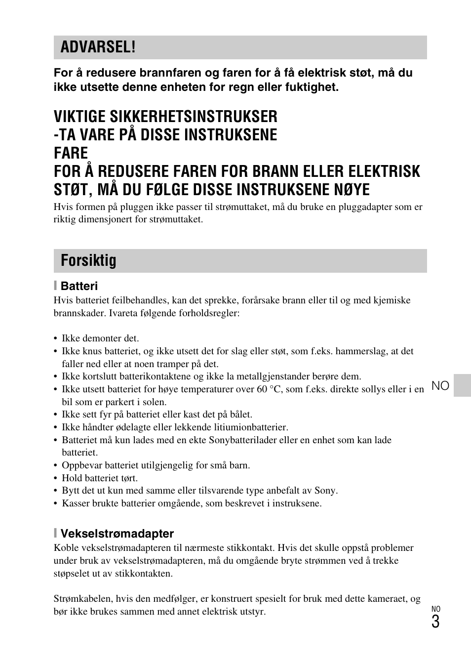 Advarsel! forsiktig | Sony DSC-TX77 User Manual | Page 377 / 551