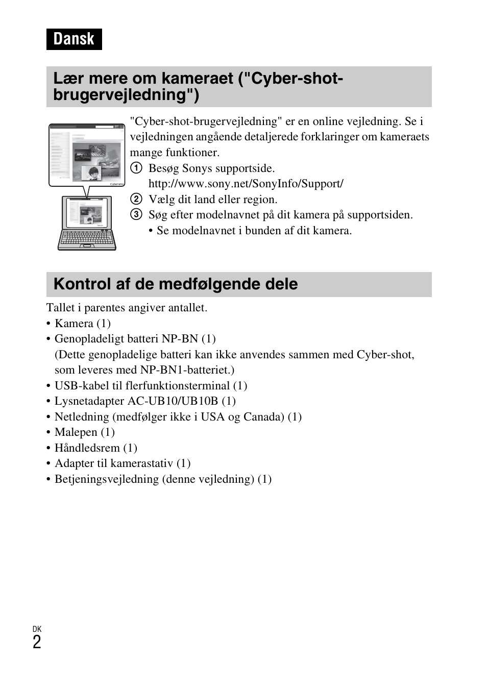 Dansk, Kontrol af de medfølgende dele | Sony DSC-TX77 User Manual | Page 404 / 551