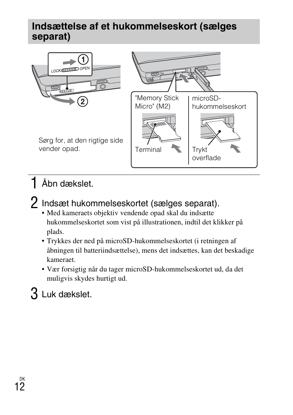 Indsættelse af et hukommelseskort (sælges separat) | Sony DSC-TX77 User Manual | Page 414 / 551